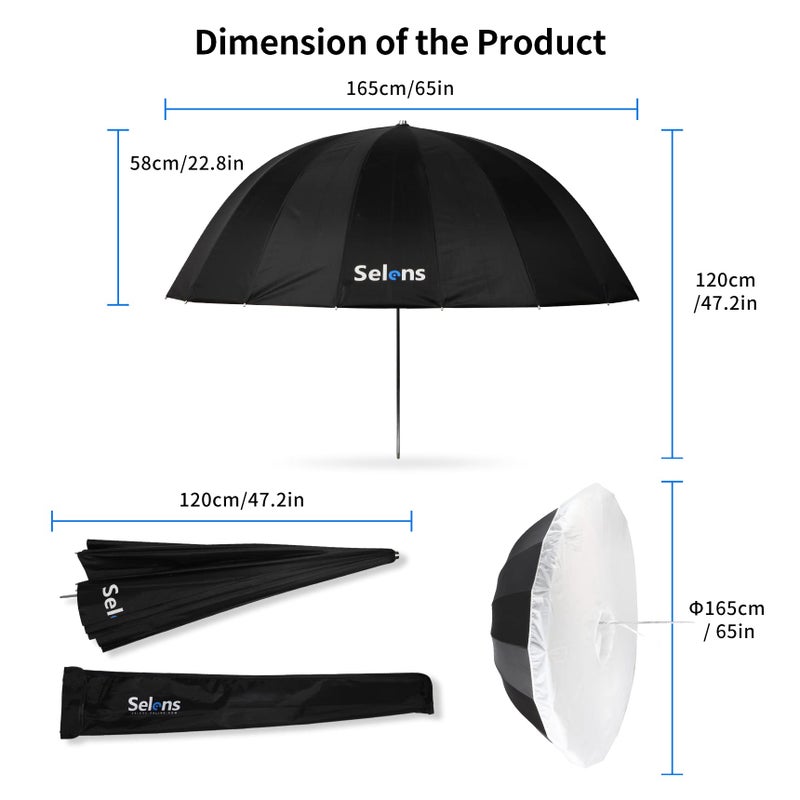Selens Parabolic Umbrella and Diffuser Photography Lighting, 65 Inch Black Silver Reflective Deep Umbrella for Photo Studio Flash Speed Light - Image 4